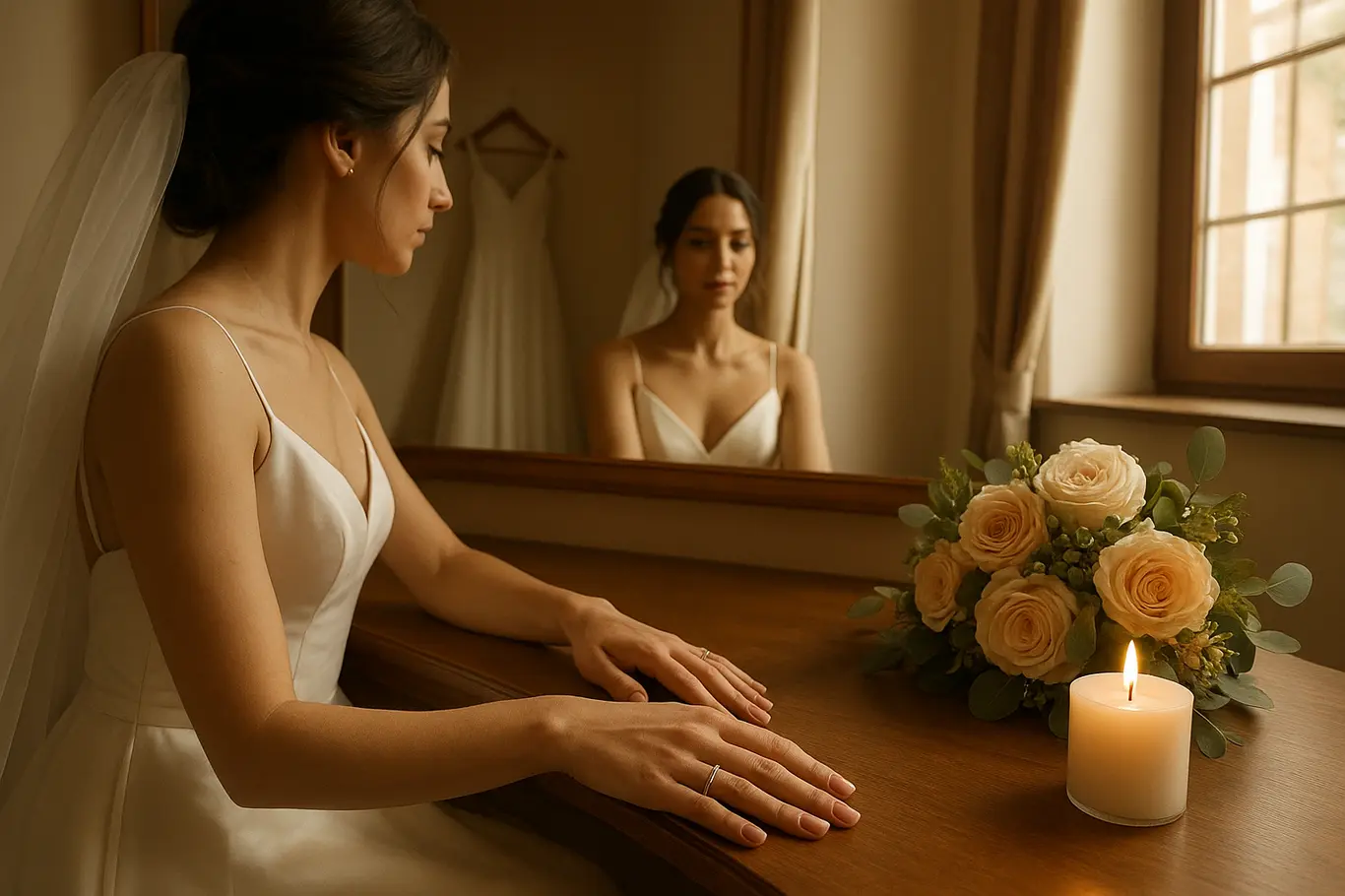 Noiva sentada ao espelho, mãos sobre mesa com vela e bouquet, unhas rosé soft-matte