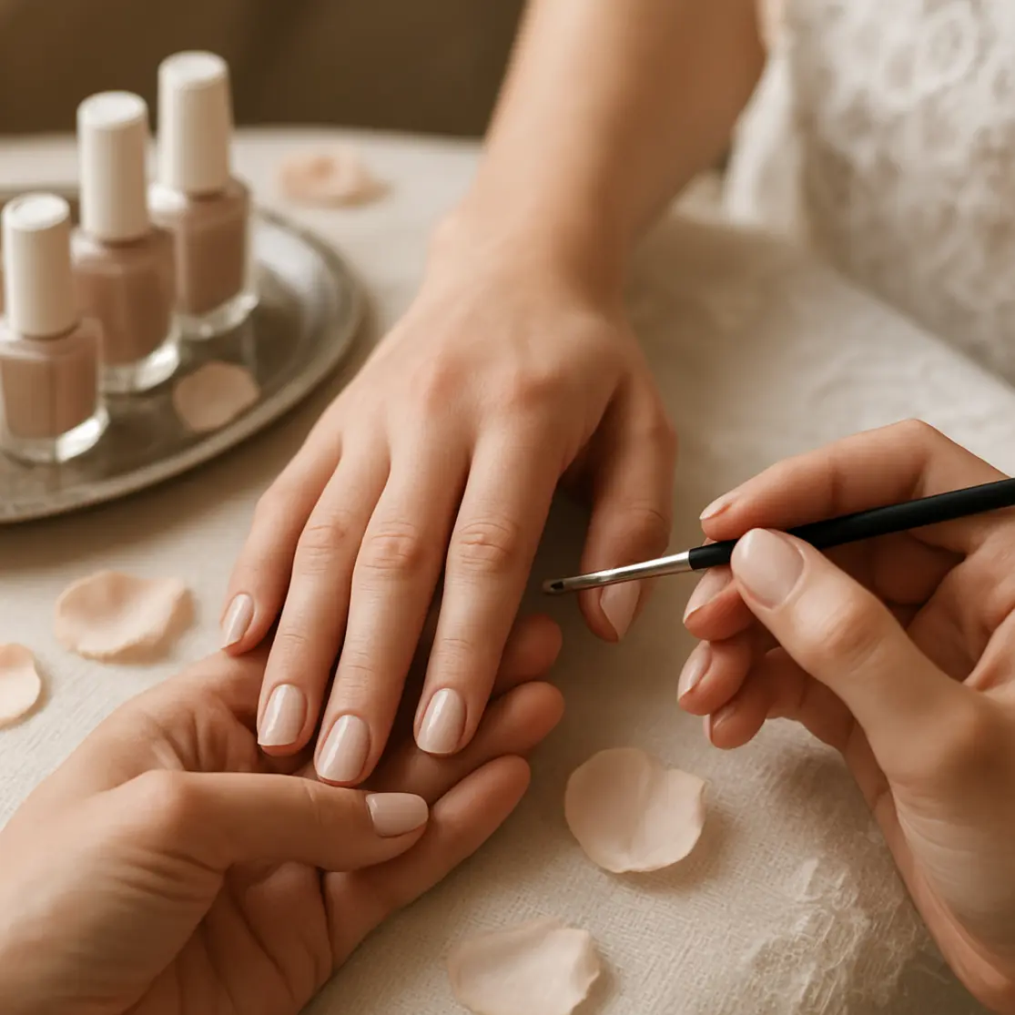 Mãos da noiva e manicure aplicando top coat em unhas minimalistas creme acetinado