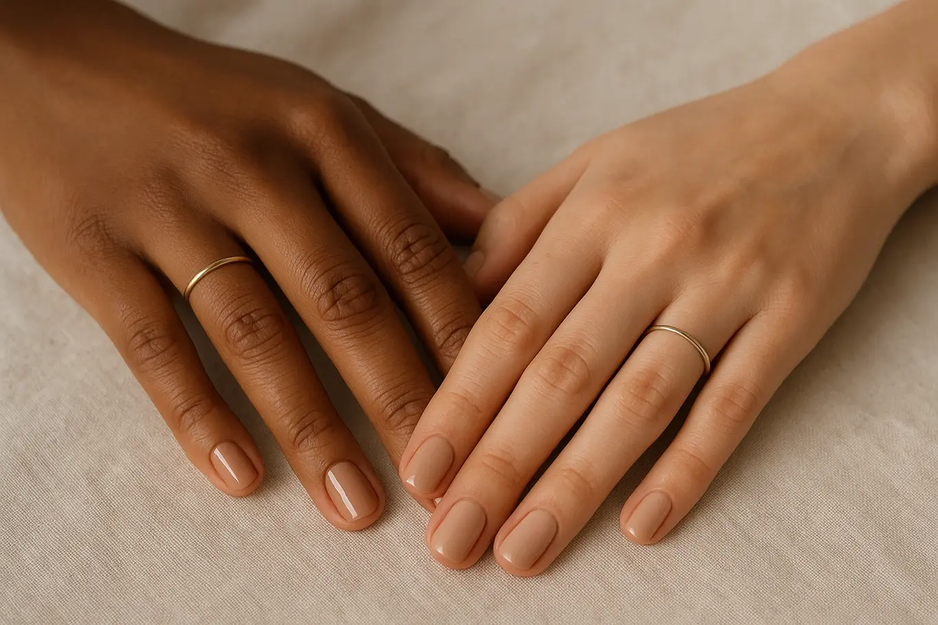 Duas mãos de tons de pele diferentes com unhas esmaltadas em nudes contrastantes, ângulo diagonal
