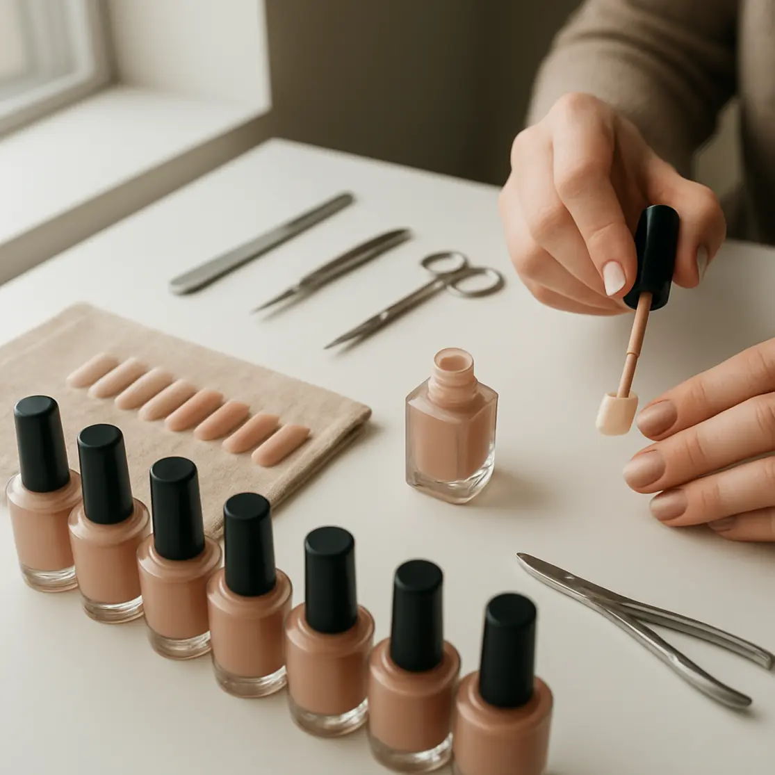 Bancada de salão com frascos de esmalte nude em gradiente e ferramenta de manicure, mão aplicando esmalte ao fundo