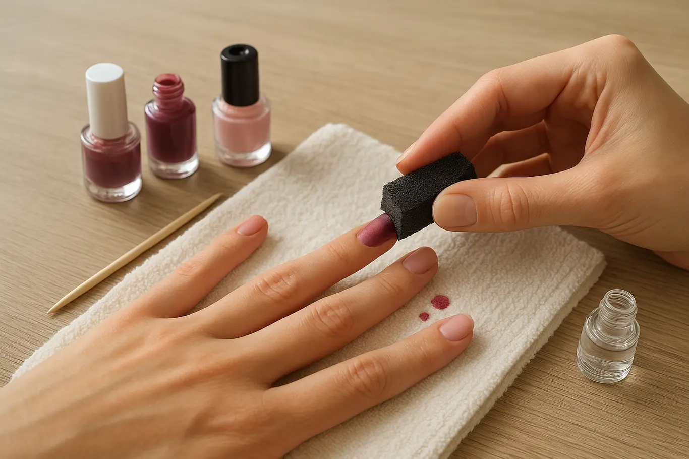 Duas mãos aplicando ombre com esponja sobre unha apoiada, materiais de manicure ao lado