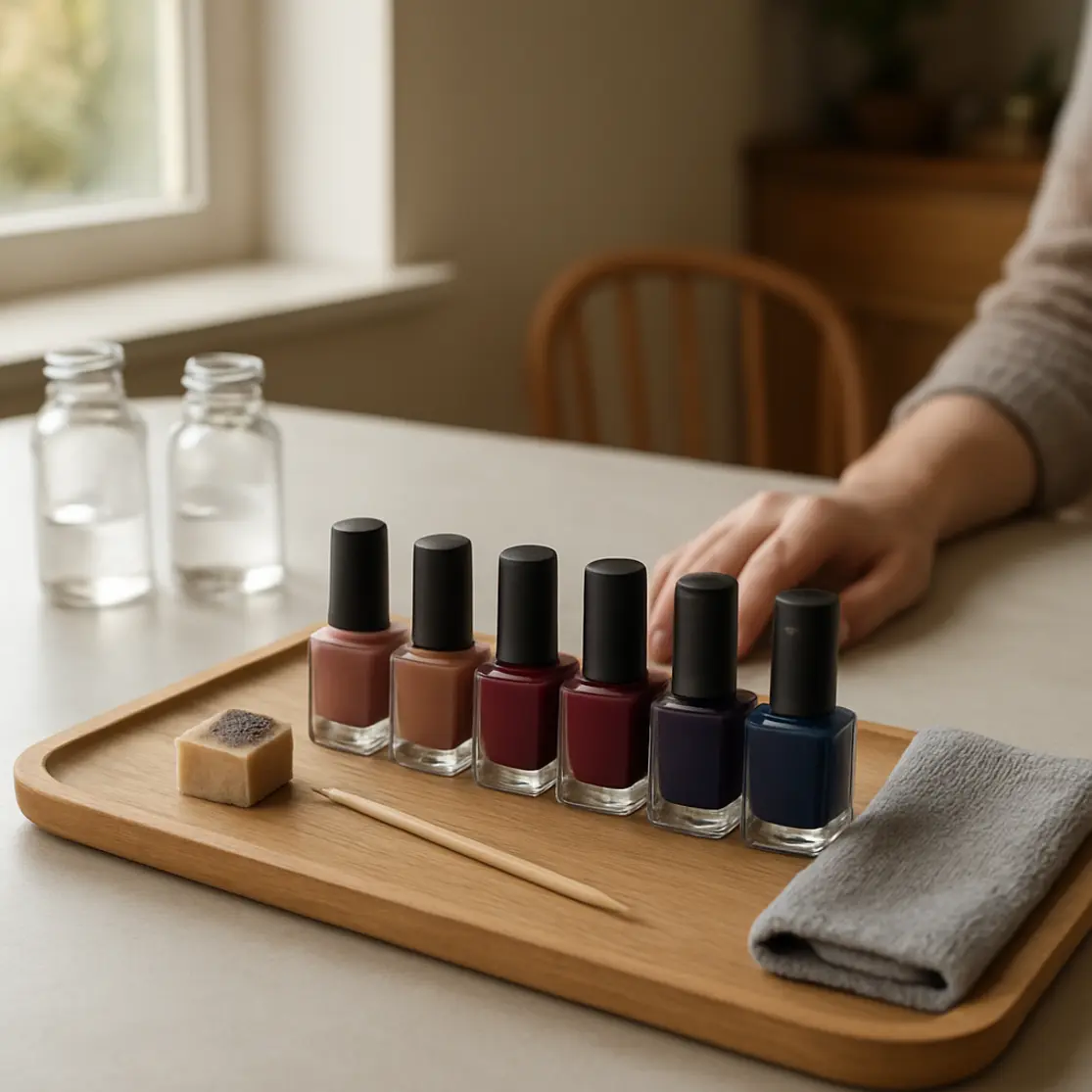 Bancada iluminada com esmaltes em degradê, esponja manchada e mão com ombre ao fundo