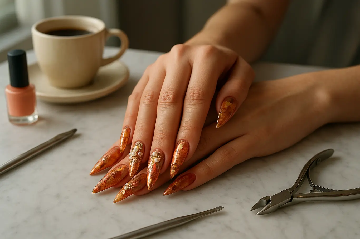 Duas mãos sobre mesa de mármore com unhas stiletto decoradas e ferramentas de manicure