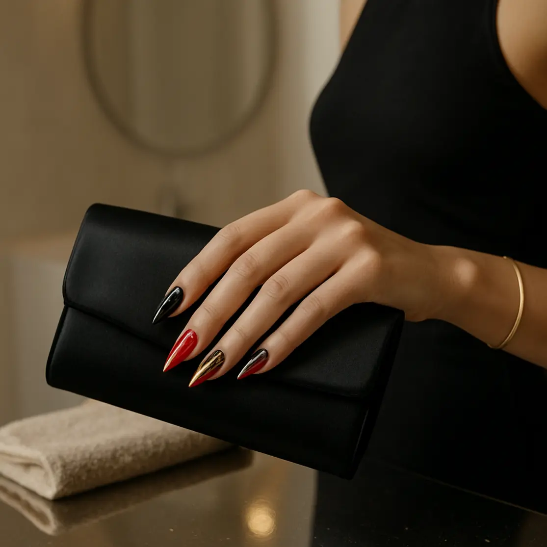 Mão em 3/4 segurando clutch que destaca unhas stiletto decoradas