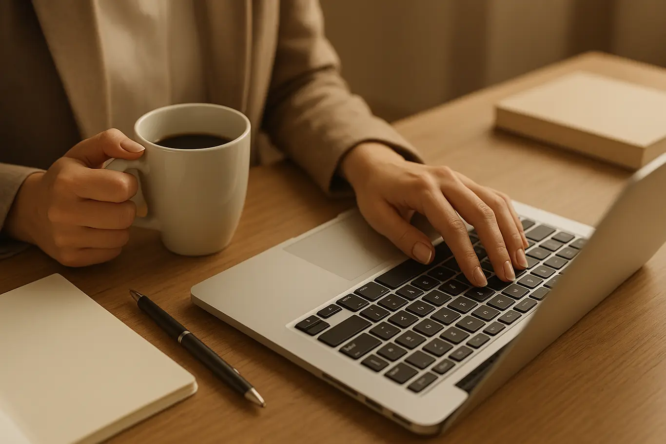 Mãos digitando no laptop com unhas curtas nude e xícara de café, vista lateral