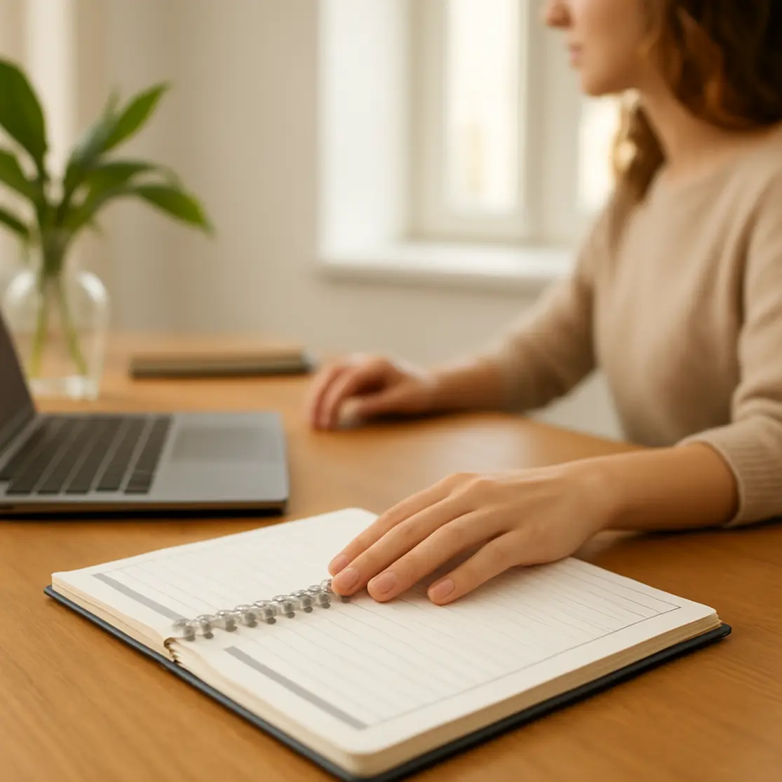 Mesa de trabalho ampla com planner e mão em primeiro plano mostrando unhas curtas nude