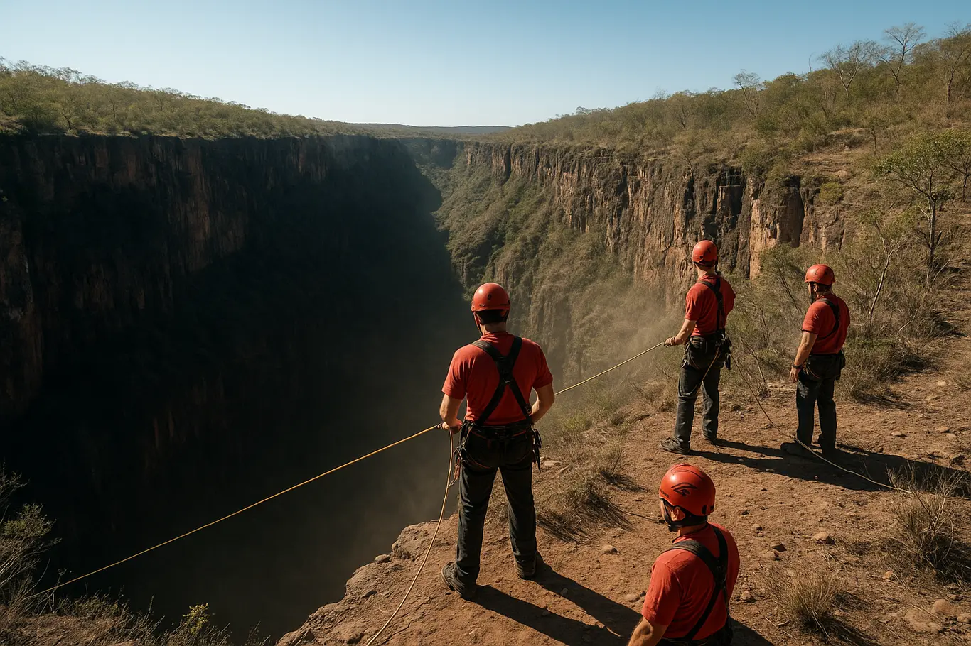 Vista panorâmica do cânion da Chapada dos Veadeiros com equipe de resgate na borda e cordas estendidas para o interior.