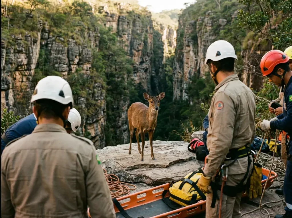 Veado sobre laje rochosa durante resgate em cânion da Chapada dos Veadeiros, com equipes de resgate de costas.