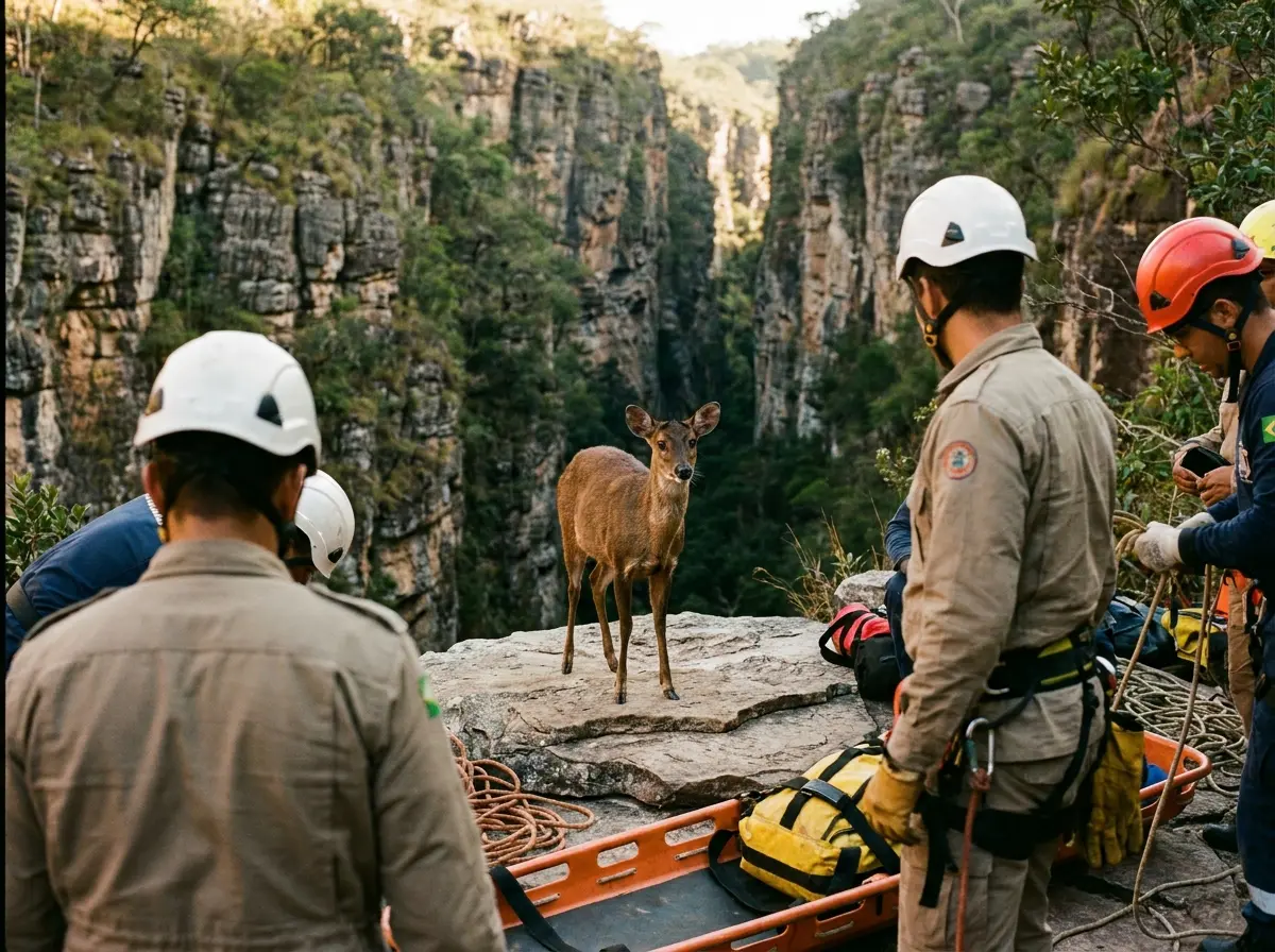 Veado resgatado em cânion da Chapada