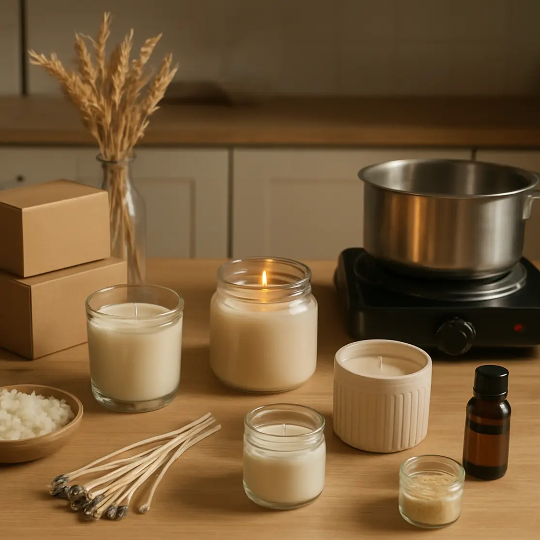 Bancada de cozinha com várias velas artesanais prontas e materiais de fabricação organizados