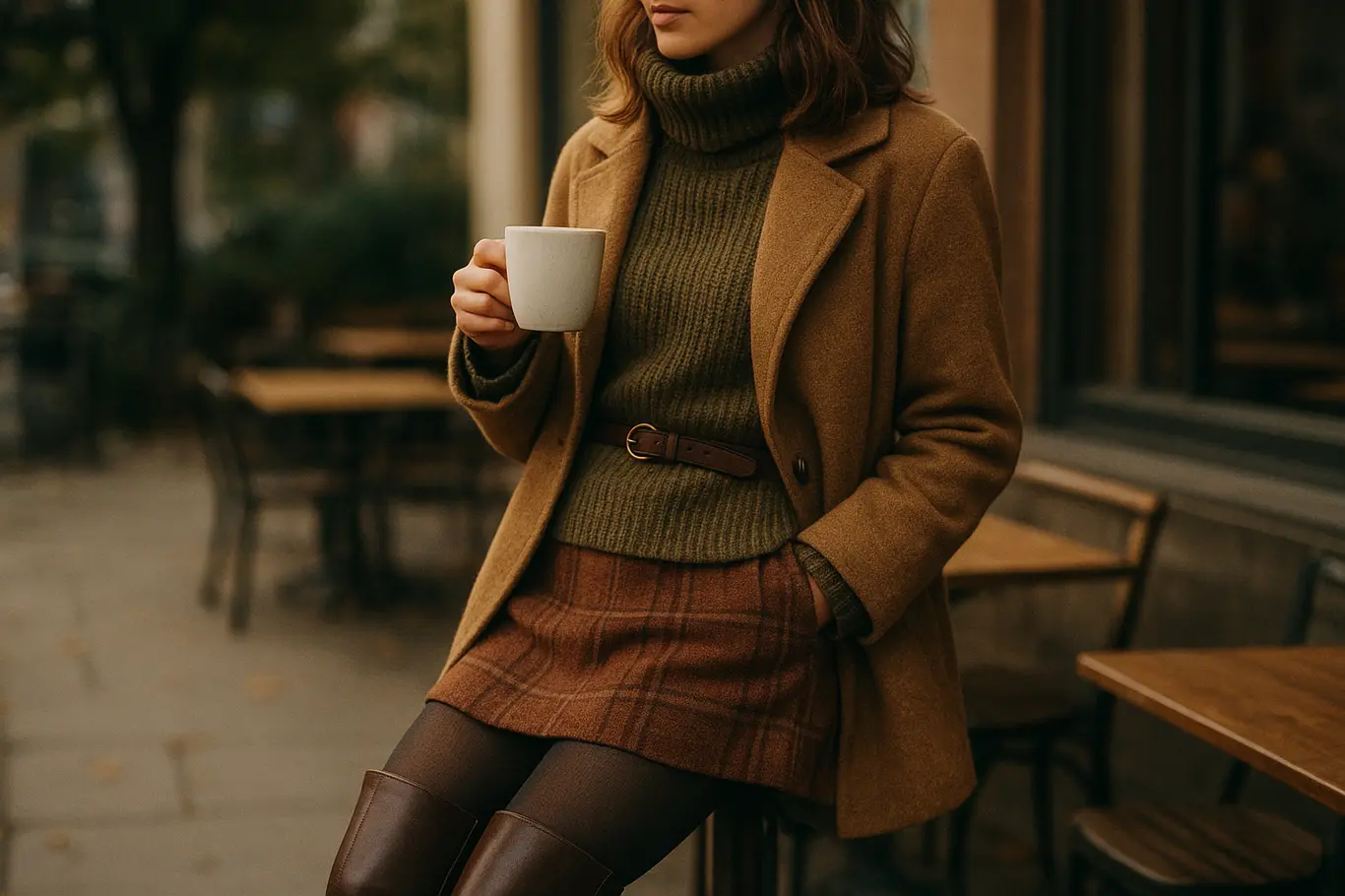 Detalhe das camadas: vestido, cinto e botas, modelo em 3/4 segurando xícara.