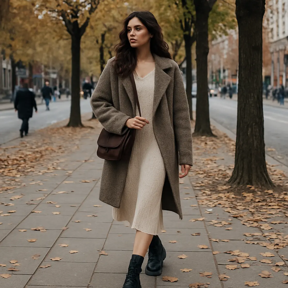 Cena ampla da modelo caminhando em calçada arborizada com vestido, casaco e botas.