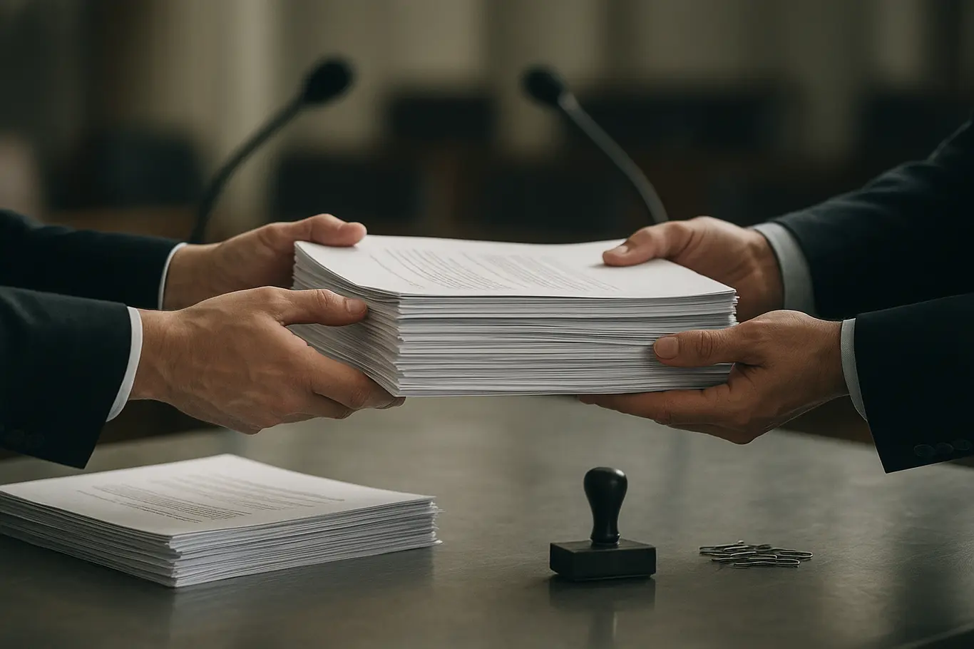 Close-up de mãos de assessores trocando dossiês sobre mesa no Congresso, com microfones desfocados ao fundo