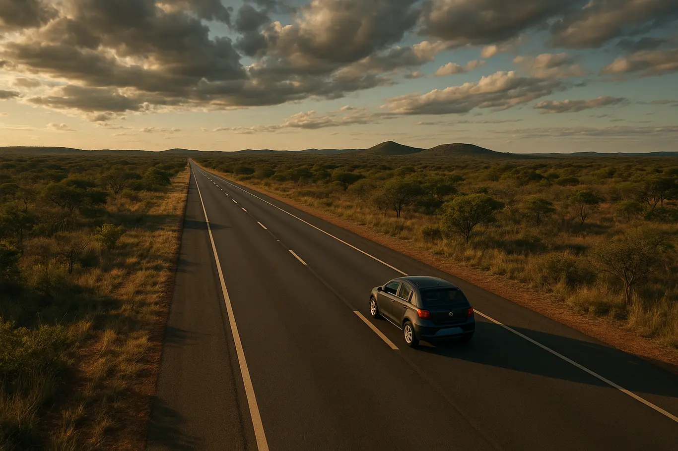 Rodovia em diagonal saindo de Brasília com carro pequeno e cerrado ao redor
