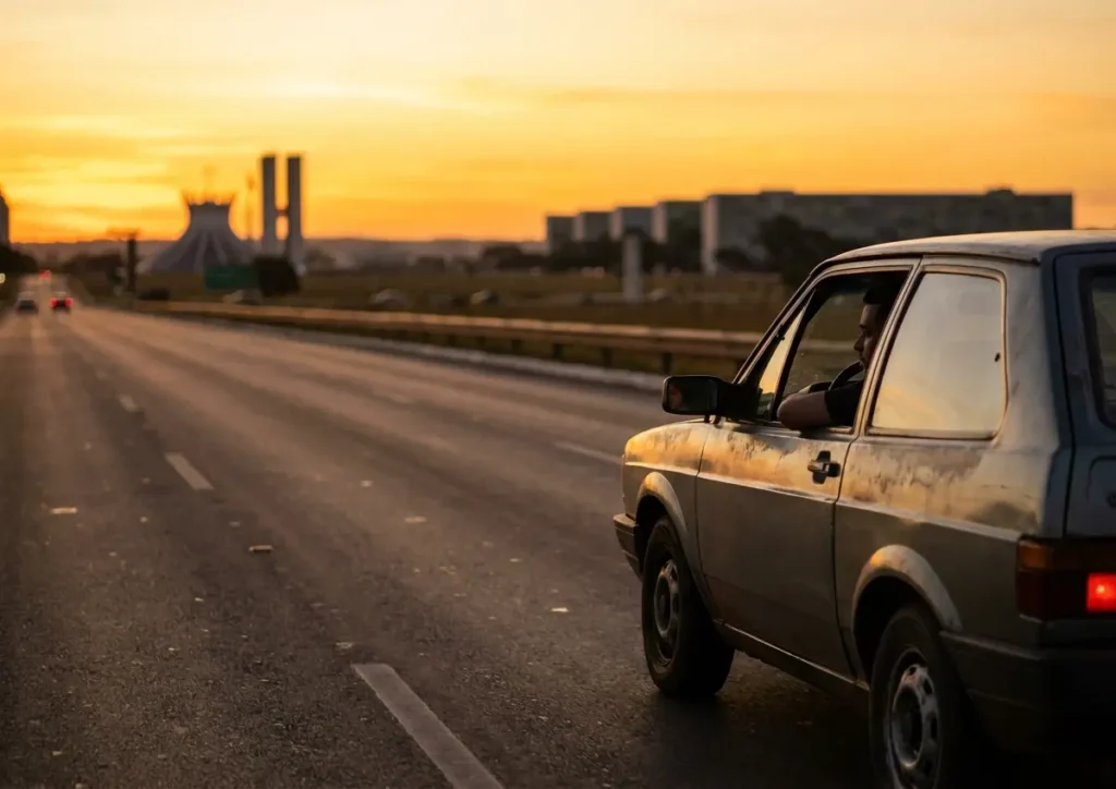 Carro compacto saindo de Brasília ao entardecer com a silhueta da Esplanada ao fundo