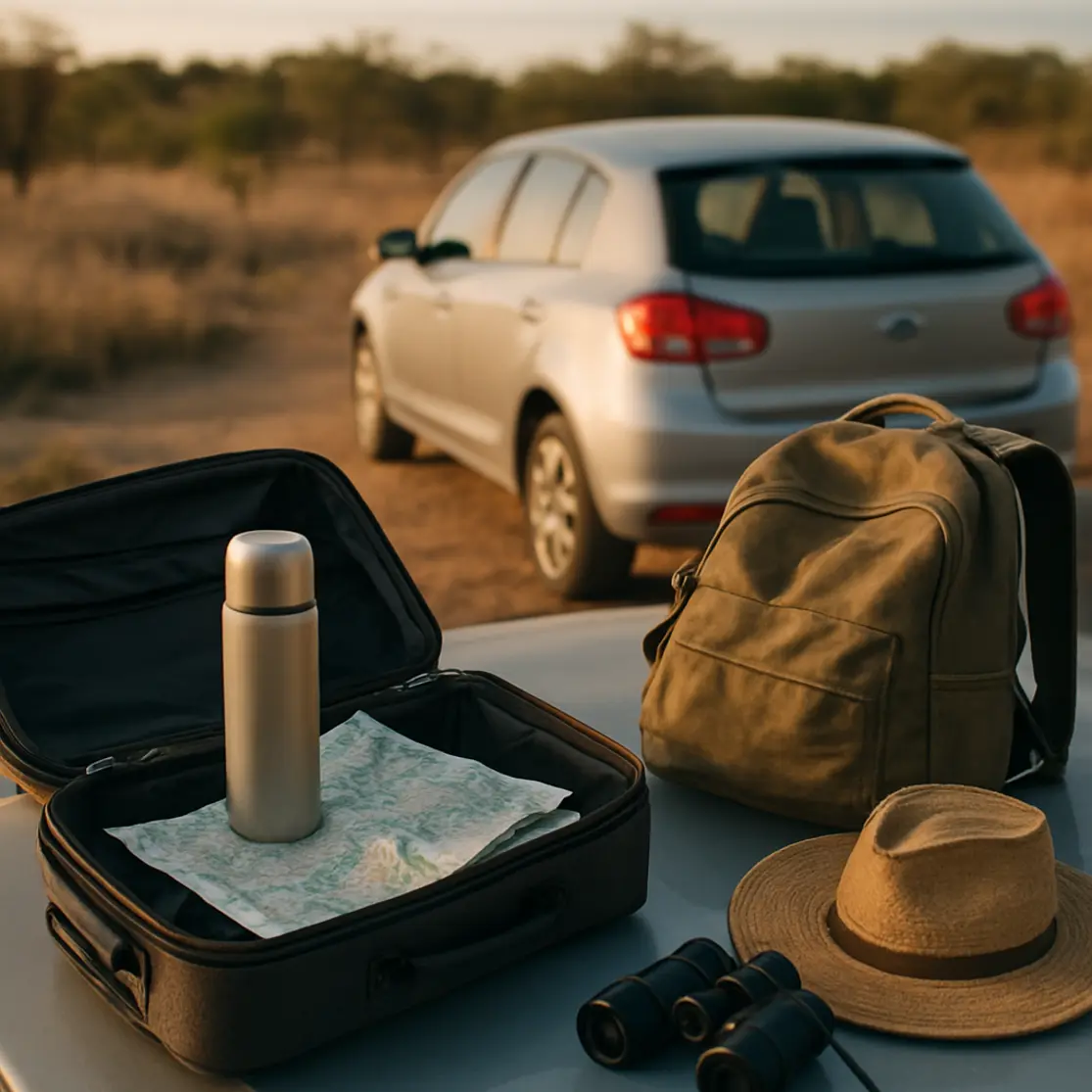 Parada de viagem no cerrado com mochila e itens sobre o capô, carro estacionado ao fundo