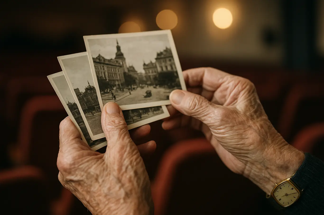 Close-up das mãos de idosos segurando fotografias antigas com fundo desfocado do cinema