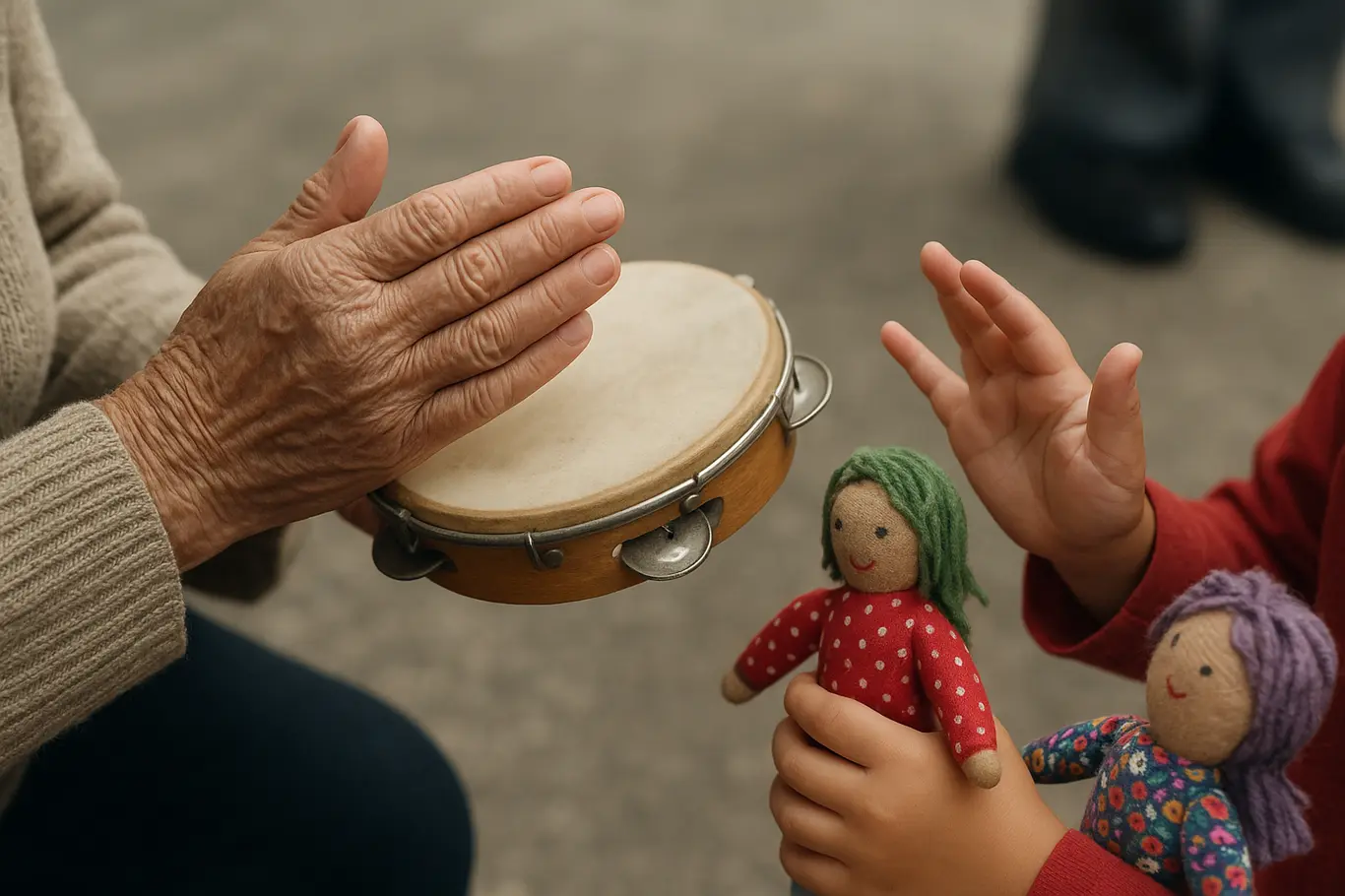 Close-up de mãos de crianças e idosos segurando pandeiro e bonecos de pano com tecidos coloridos, em praça de Samambaia