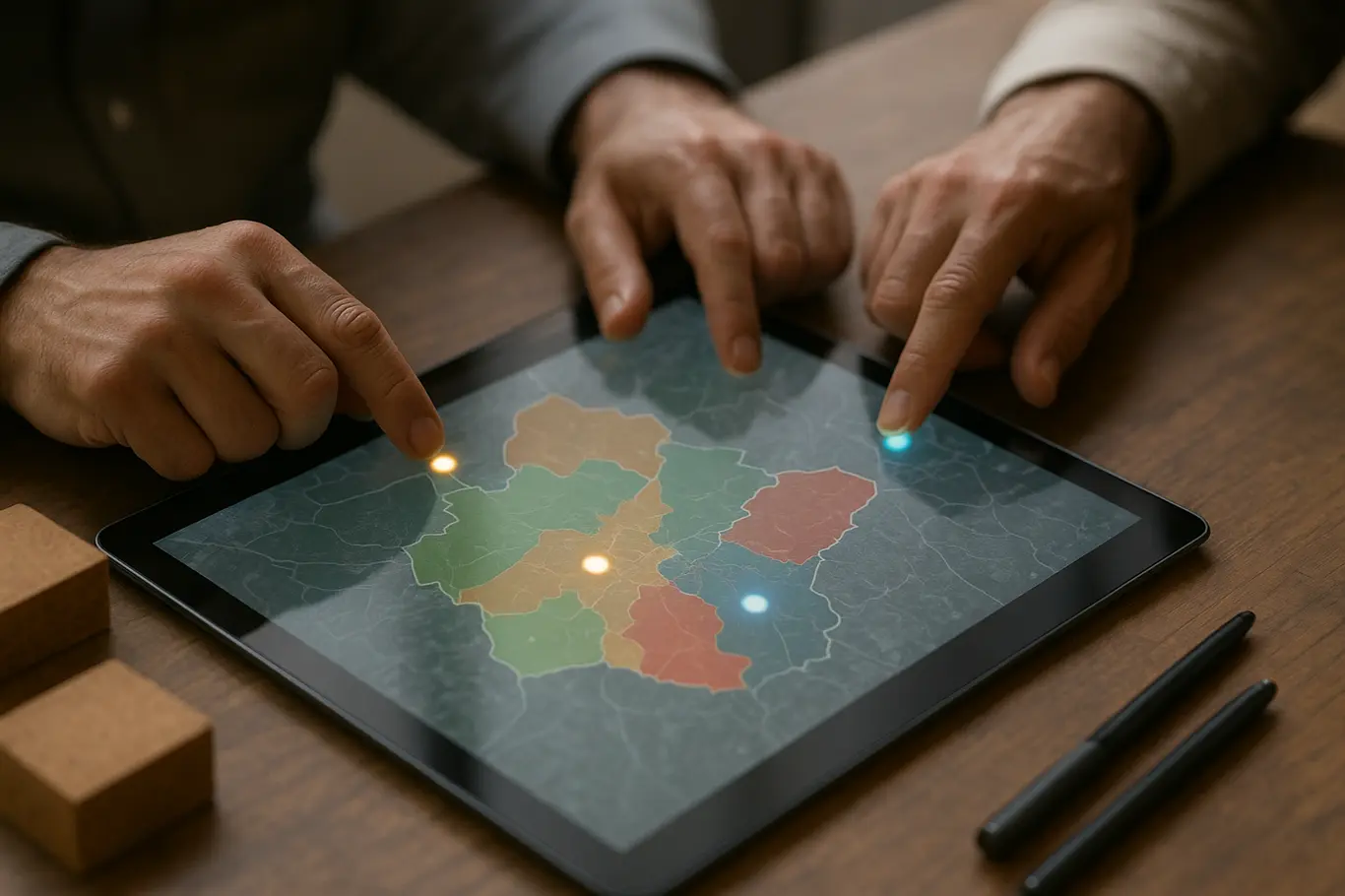 Close nas mãos interagindo com mesa touchscreen que mostra mapa interativo do Distrito Federal, marcadores luminosos visíveis
