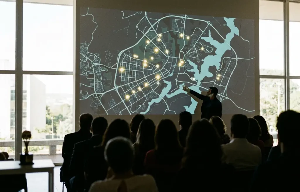 Auditório com projeção de mapa interativo de Brasília ao fundo, público em silhueta visto de costas e pessoa no palco apontando para o mapa