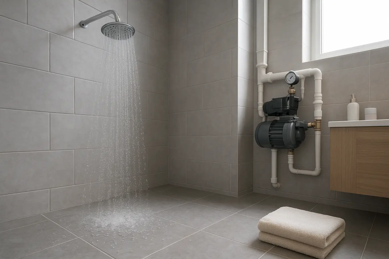 Visão ampla do chuveiro com pressurizador instalado em banheiro, com respingos no piso