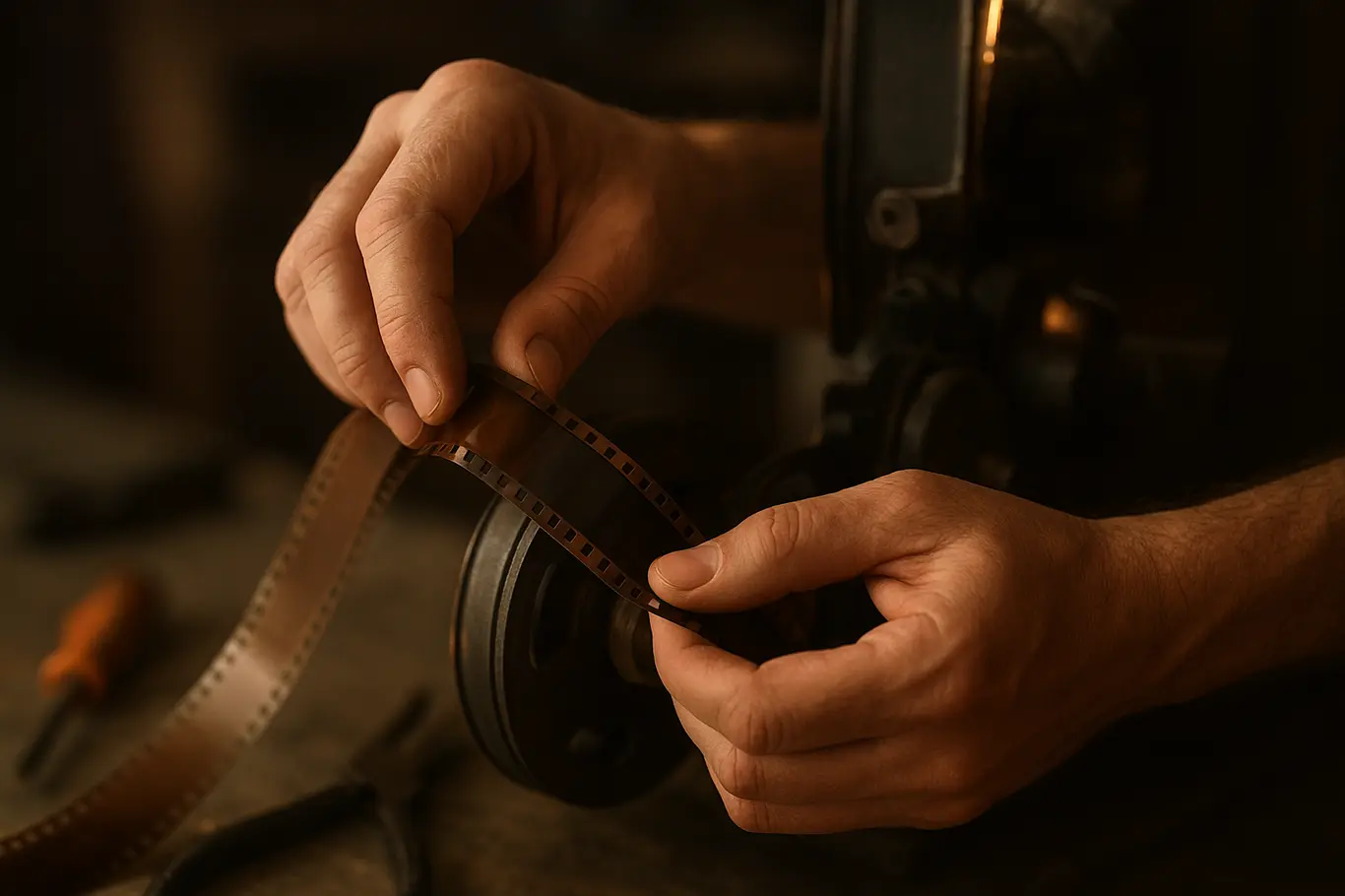 Detalhe de mãos alinhando película 35mm em bobina de projetor, sem rostos visíveis.