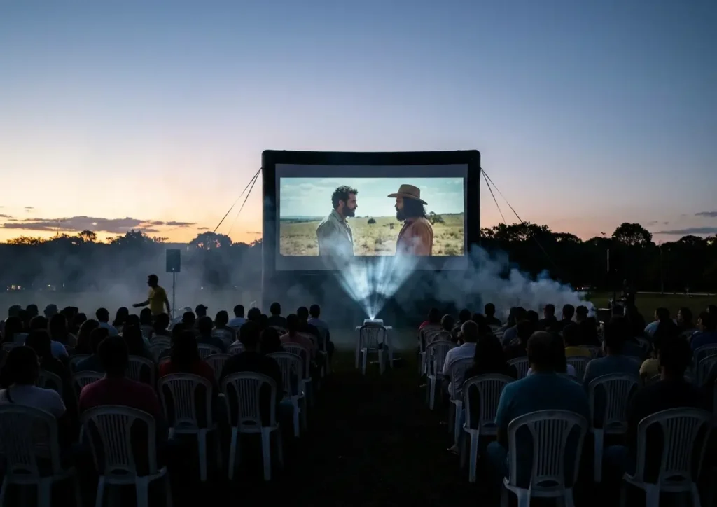 Sessão ao ar livre do CineClube Mapati vista de costas, público em silhueta e tela de projeção ao entardecer.