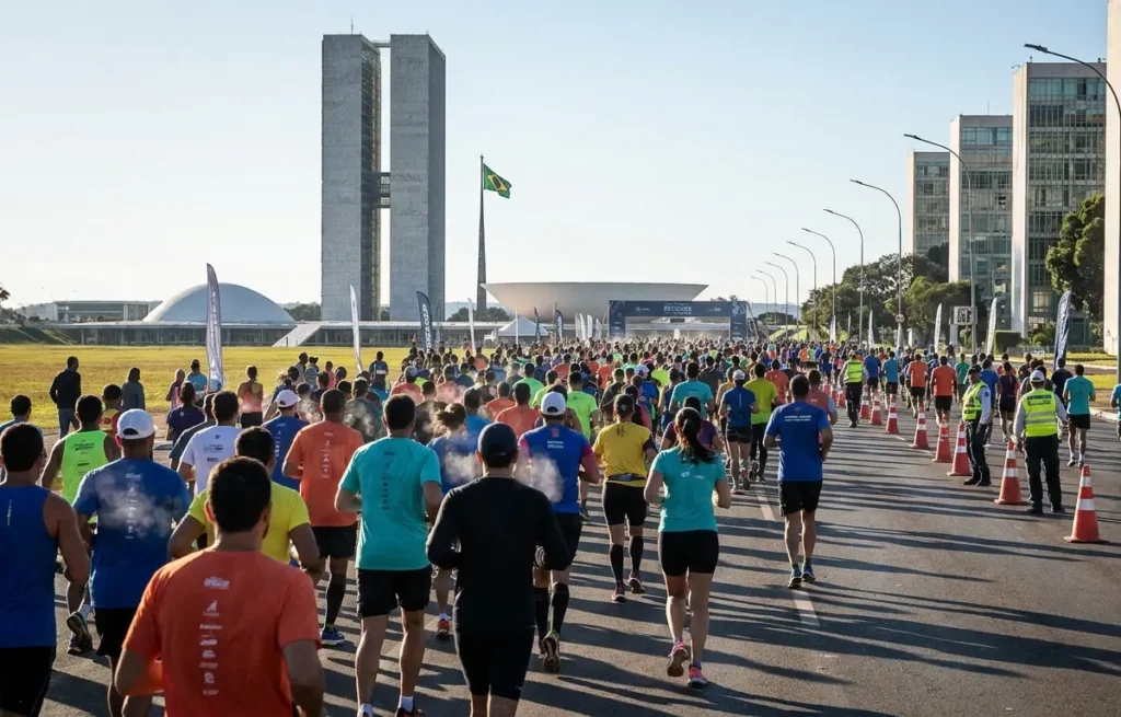Multidão de corredores na Esplanada dos Ministérios com o Congresso Nacional ao fundo, cones e agentes de trânsito na via