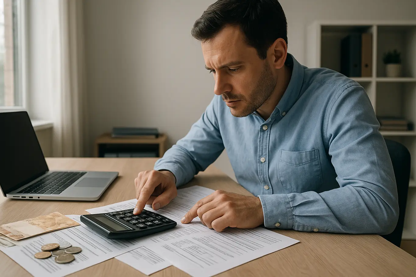 Visão ampla de escritório doméstico com trabalhador apontando para calculadora e papéis espalhados