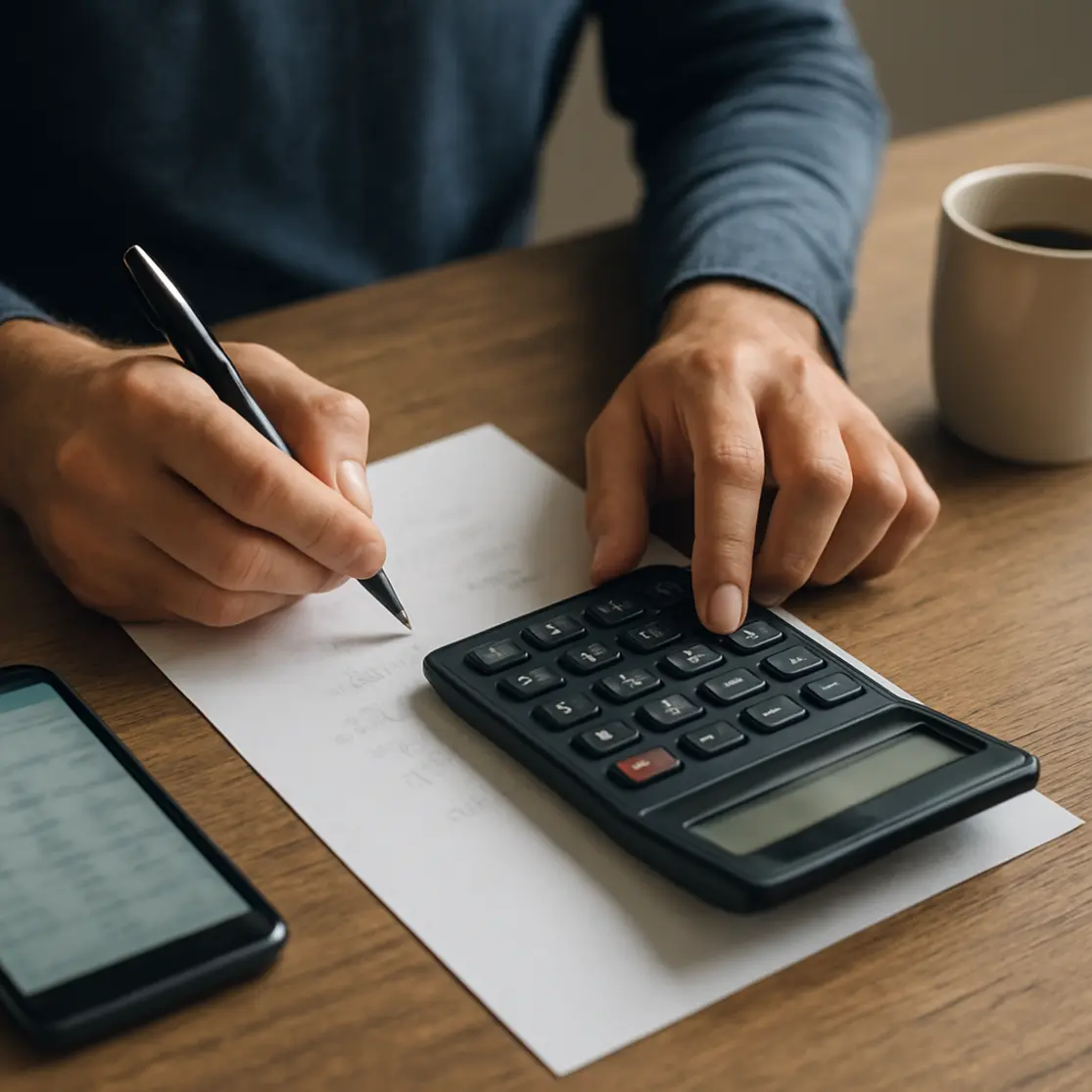 Close nas mãos calculando valores com calculadora e anotando em papel, ambiente de mesa com smartphone e café