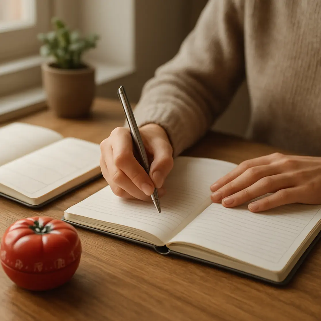 Mãos escrevendo em caderno com timer e planner sobre a mesa