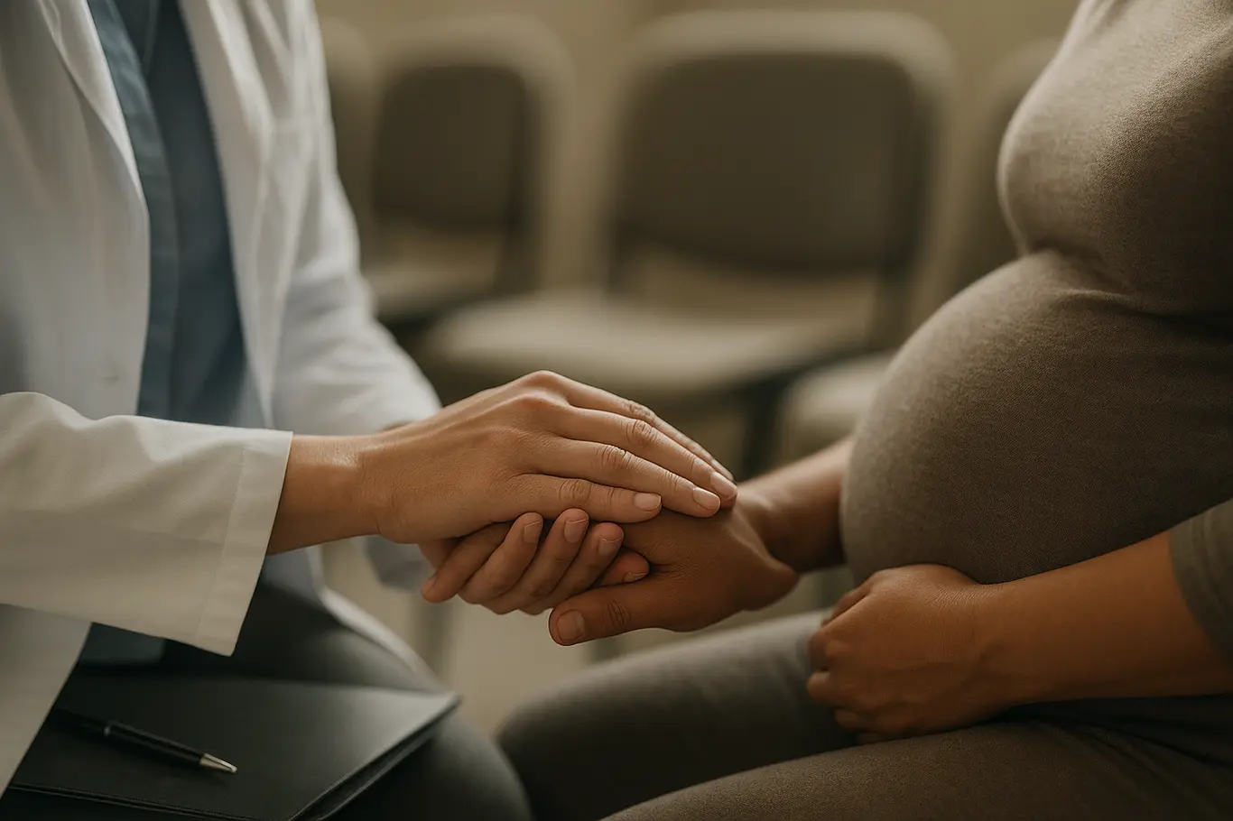 Close nas mãos de profissional segurando a mão de gestante em sessão de apoio no congresso