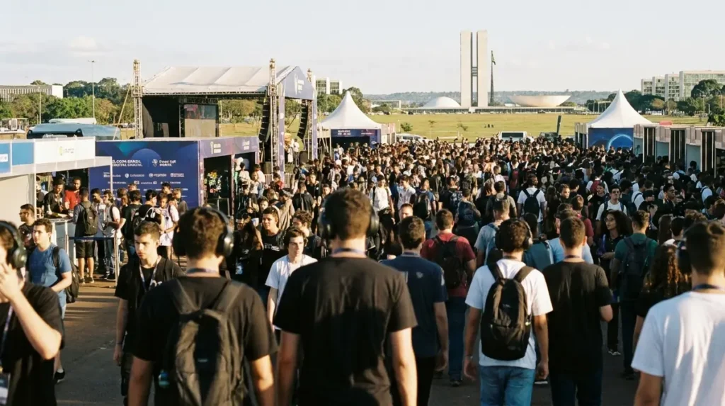 Multidão no festival Copa Brasil Digital no Taguaparque vista de leve elevação