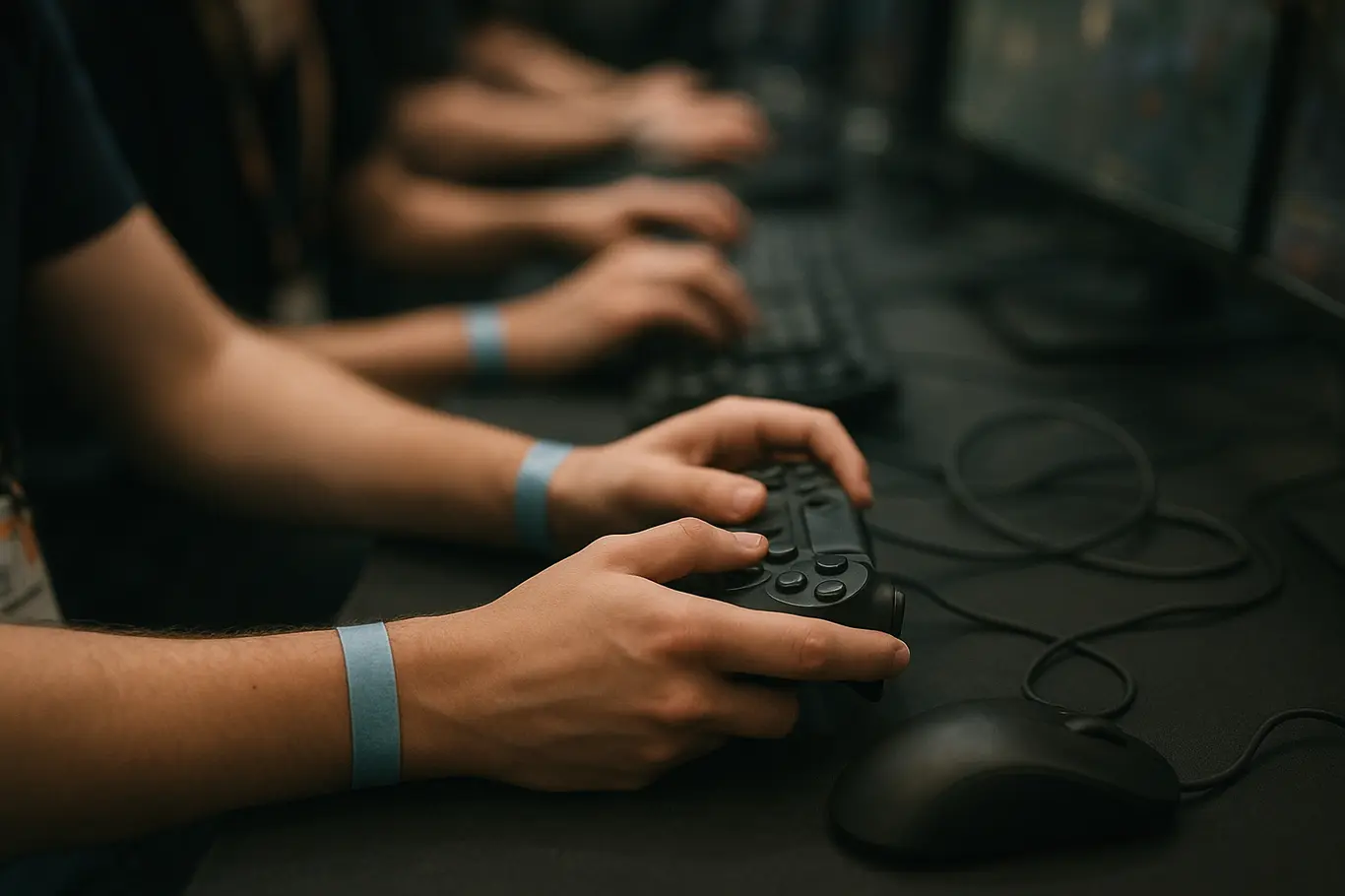 Close-up das mãos de jovens em gamepads e teclados durante a competição