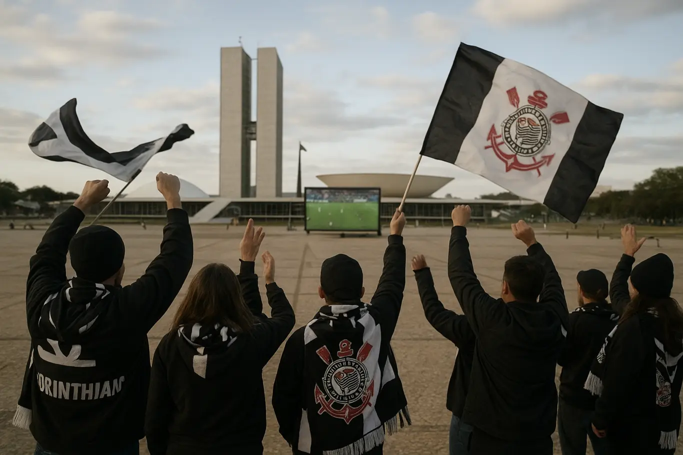 Torcedores do Corinthians de costas em praça de Brasília, bandeiras e telão ao fundo.