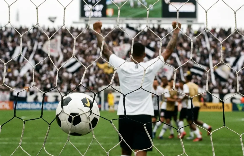Jogador do Corinthians de costas comemorando com bola na rede e torcida desfocada atrás.