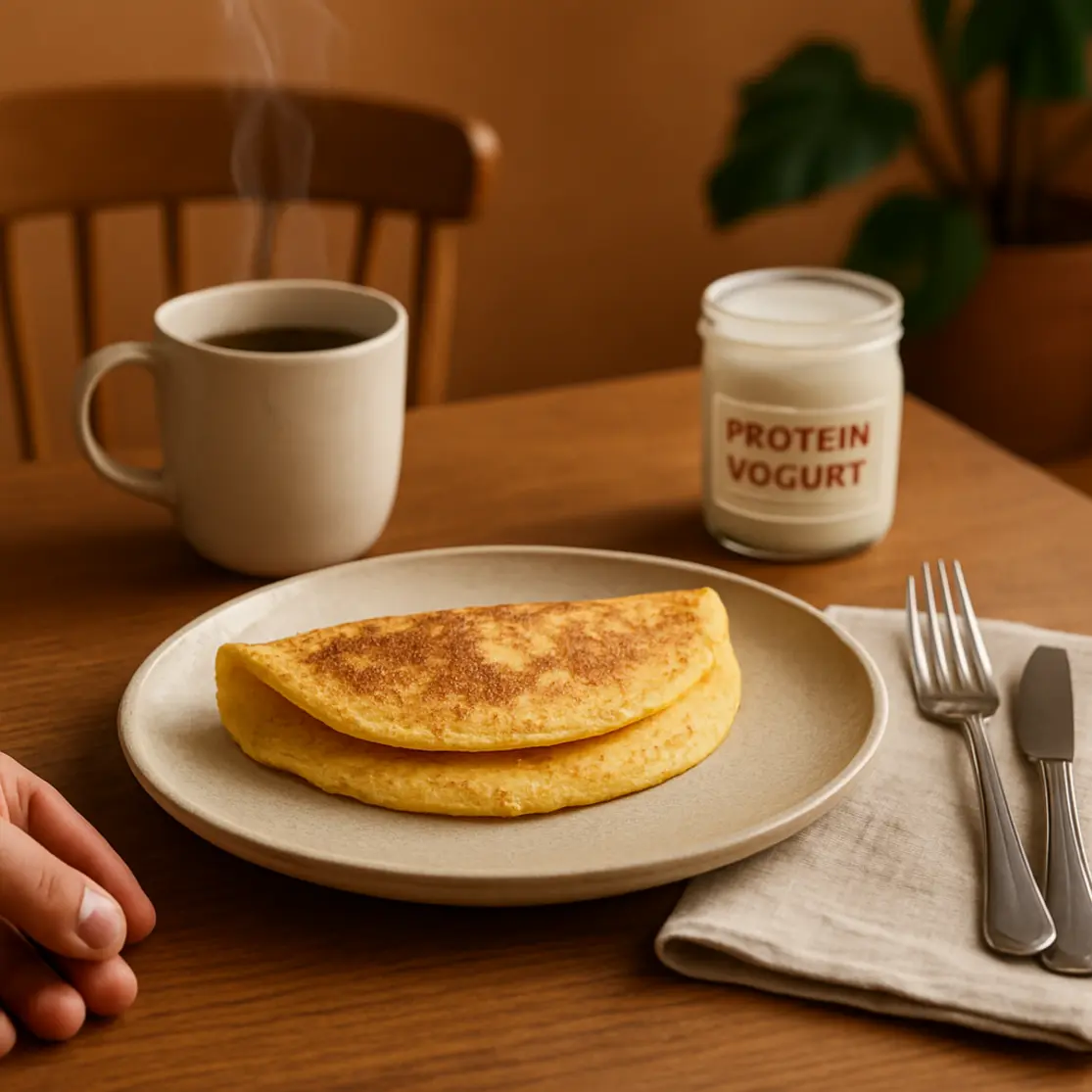 Mesa de café com crepioca servida, xícara de café e mãos ajustando o prato
