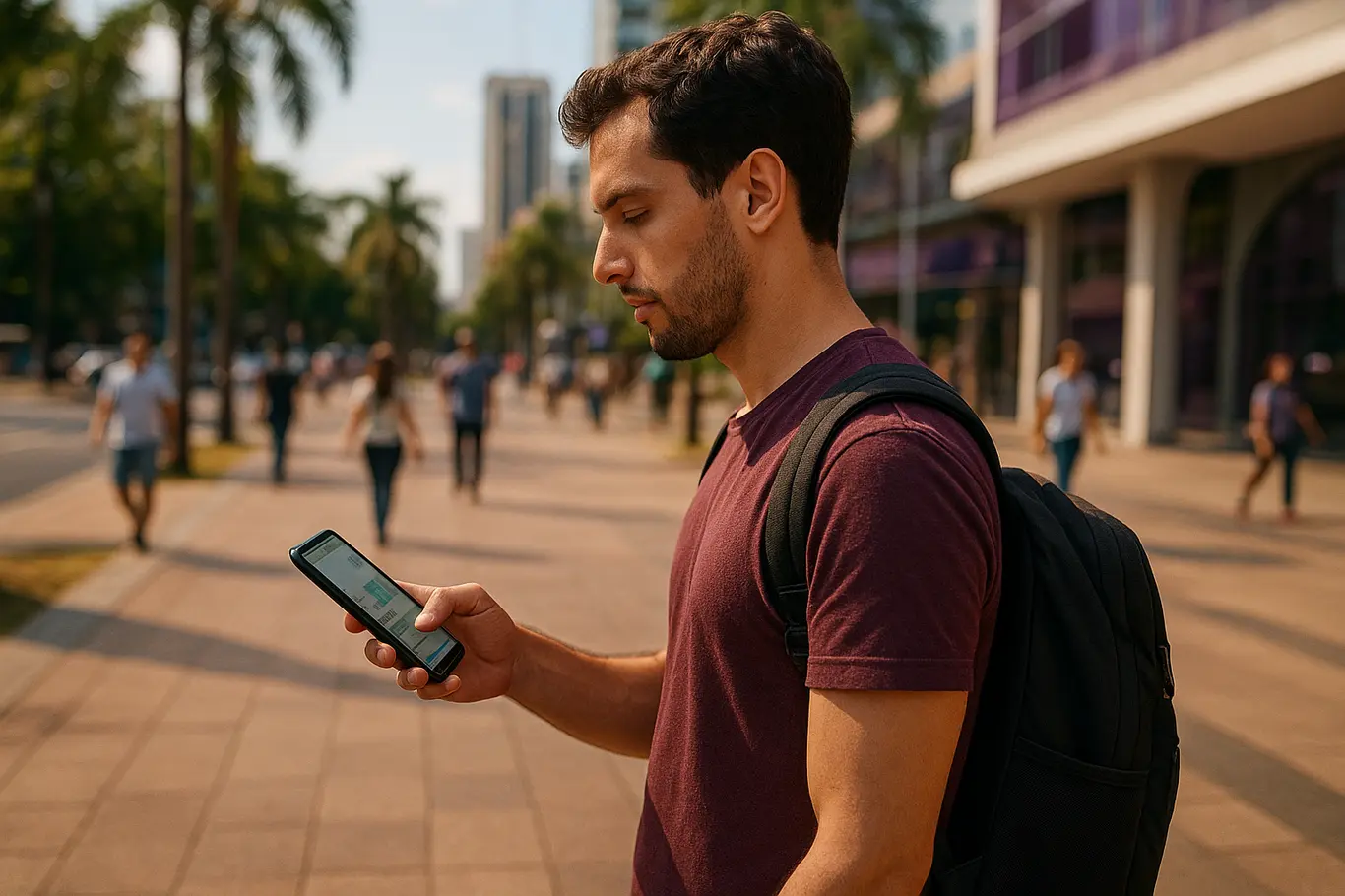 Pessoa em perfil caminhando por calçadão urbano olhando smartphone, cenário brasileiro ao fundo