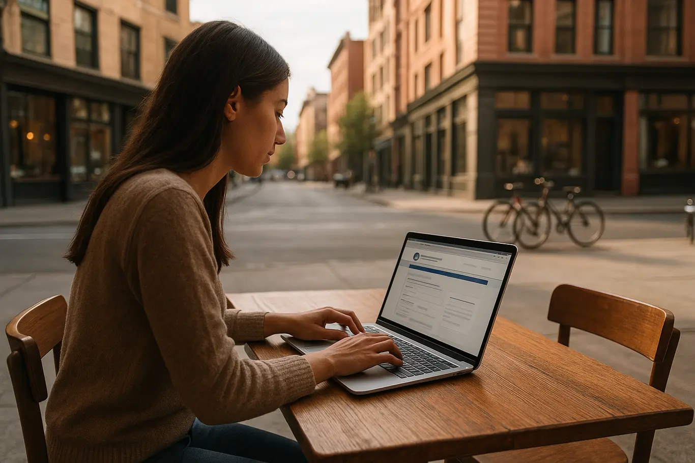 Pessoa em café usando laptop com rua urbana ao fundo, contexto do Desenrola Brasil Online 2026