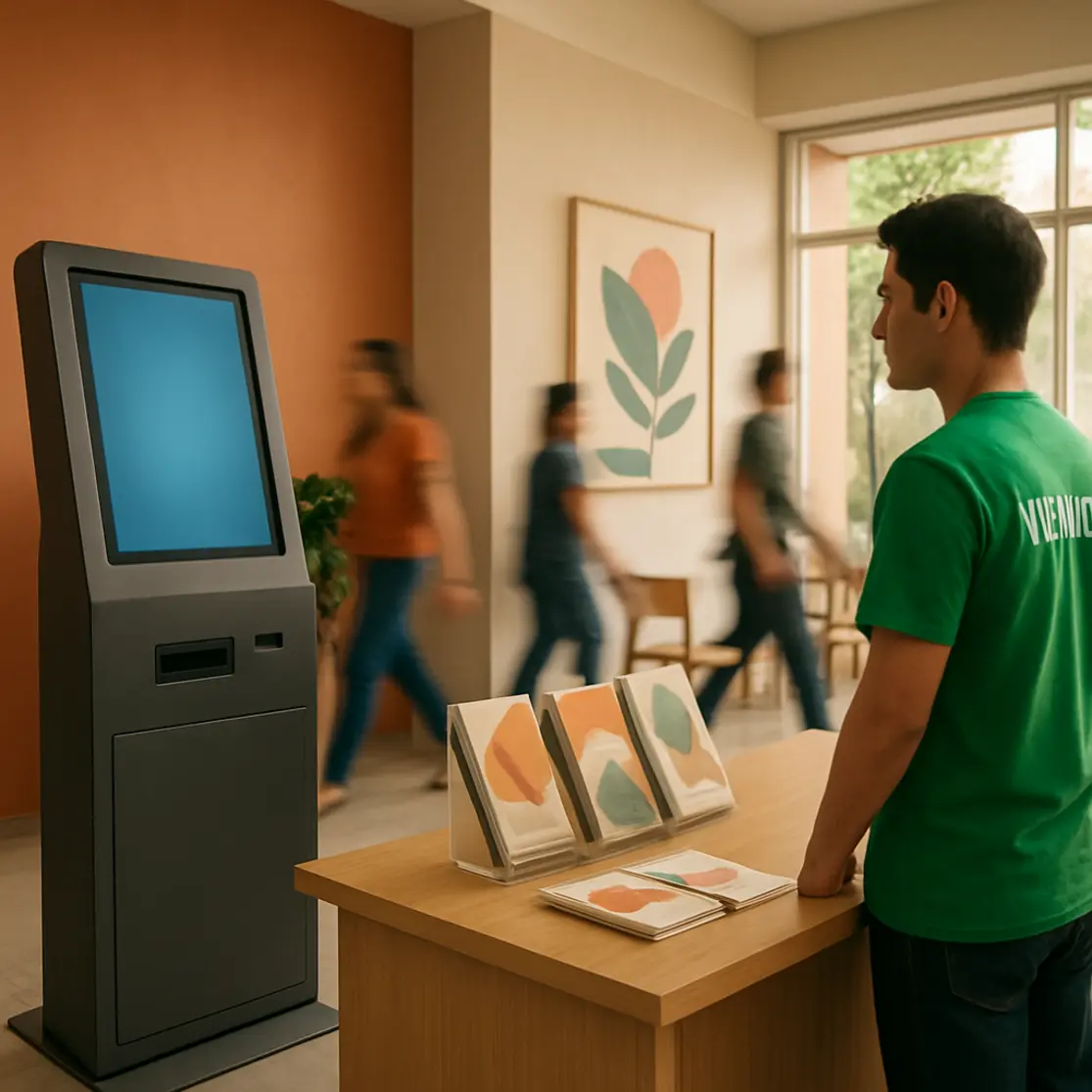 Terminal de autoatendimento em centro comunitário com pessoas desfocadas ao fundo, cenário do Desenrola Brasil Online 2026