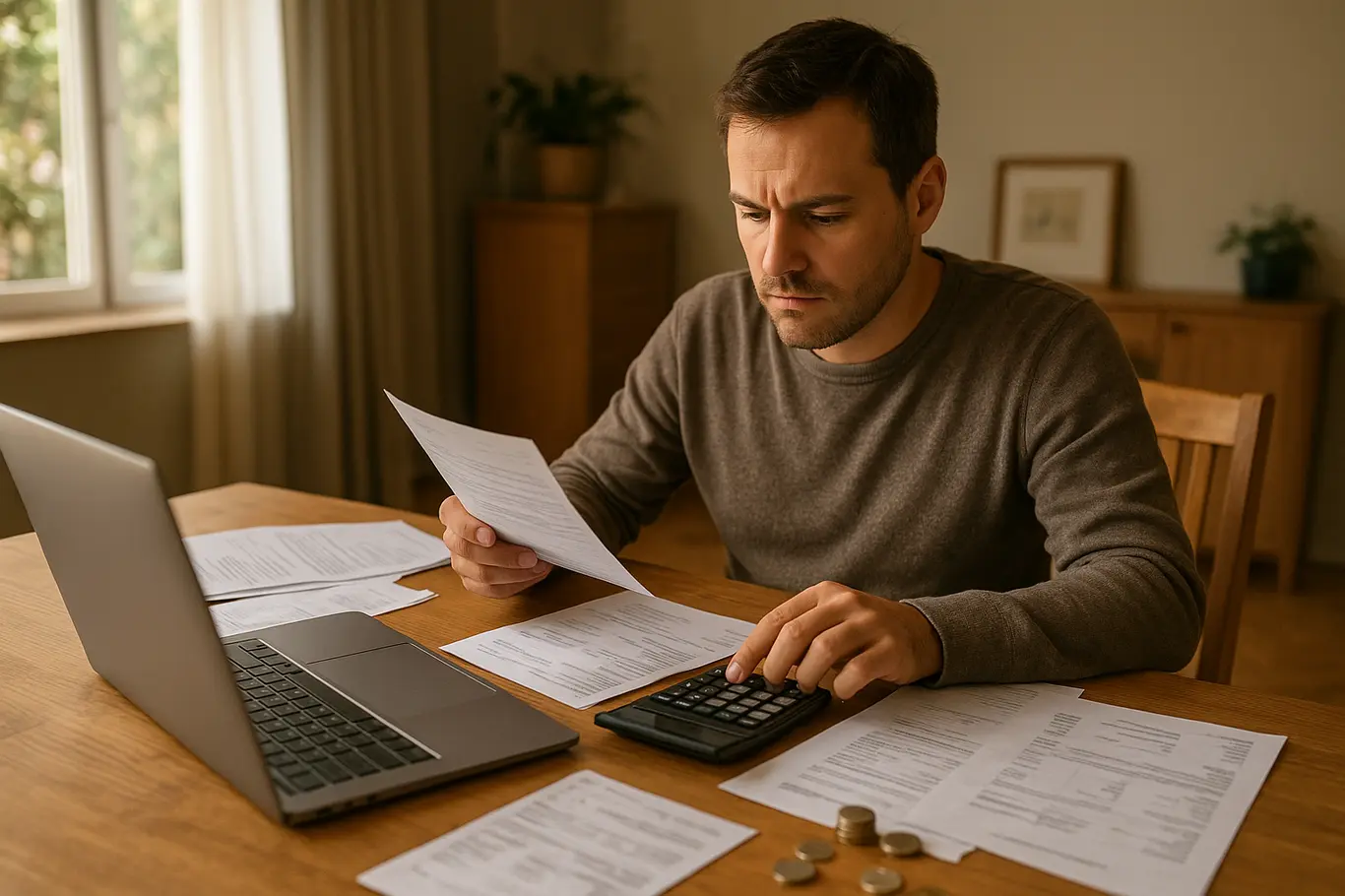 Mesa com documentos, calculadora e moedas em ambiente doméstico, pessoa ao fundo desfocada
