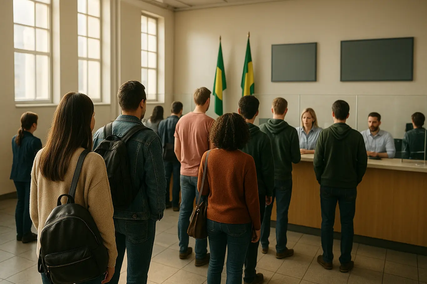Fila de cidadãos vista de trás em ambiente de atendimento público