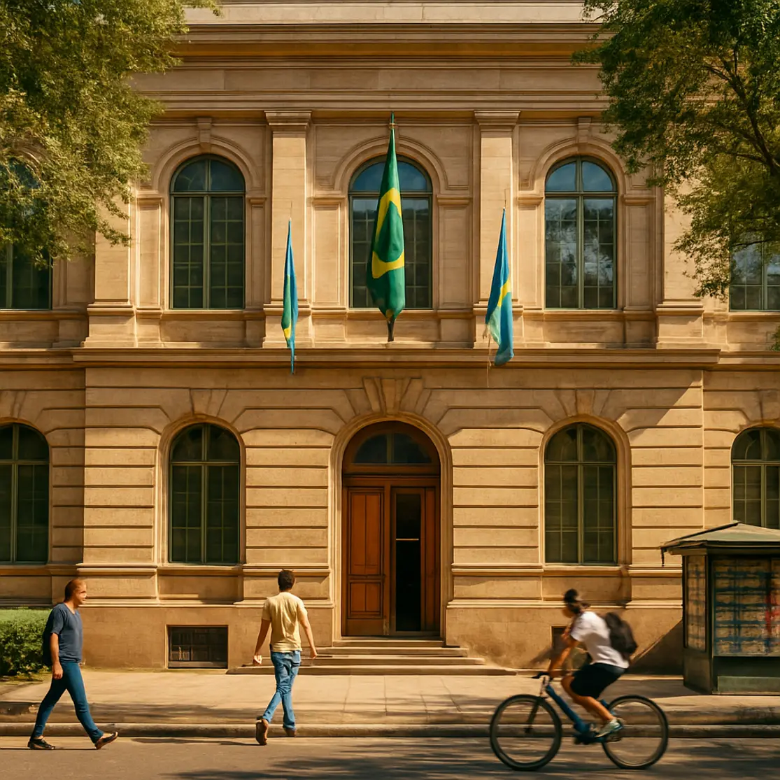Fachada de edifício público com pessoas e ciclistas em movimento