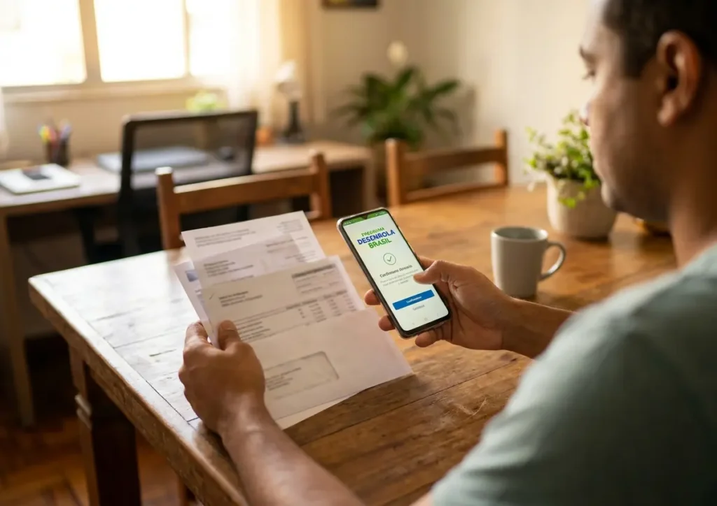Pessoa vista de costas na mesa segurando smartphone e envelopes, cena doméstica que sugere adesão ao Desenrola Brasil 2026