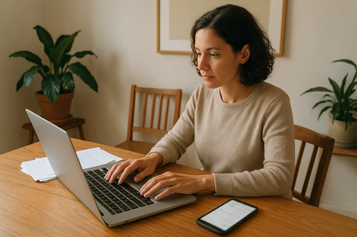 Visão ampla lateral de pessoa em mesa com laptop e documentos, contexto doméstico para adesão ao programa