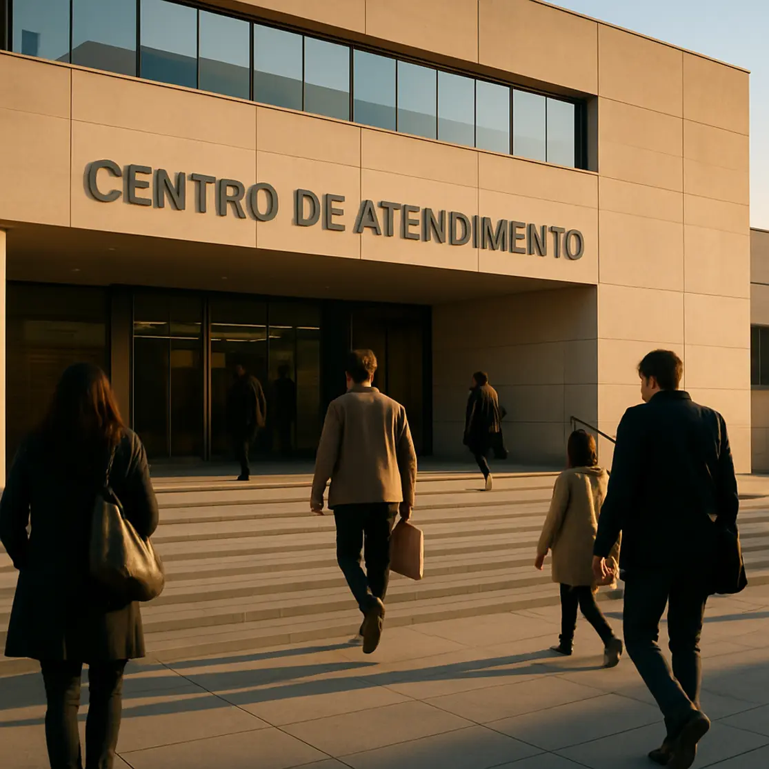 Centro de atendimento público com pessoas de costas e documentos, contexto de adesão ao programa Desenrola Brasil 2026