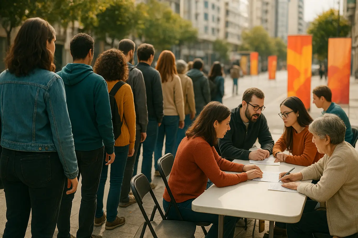 Fila organizada de participantes e atendentes durante processo de inscrição em ambiente público