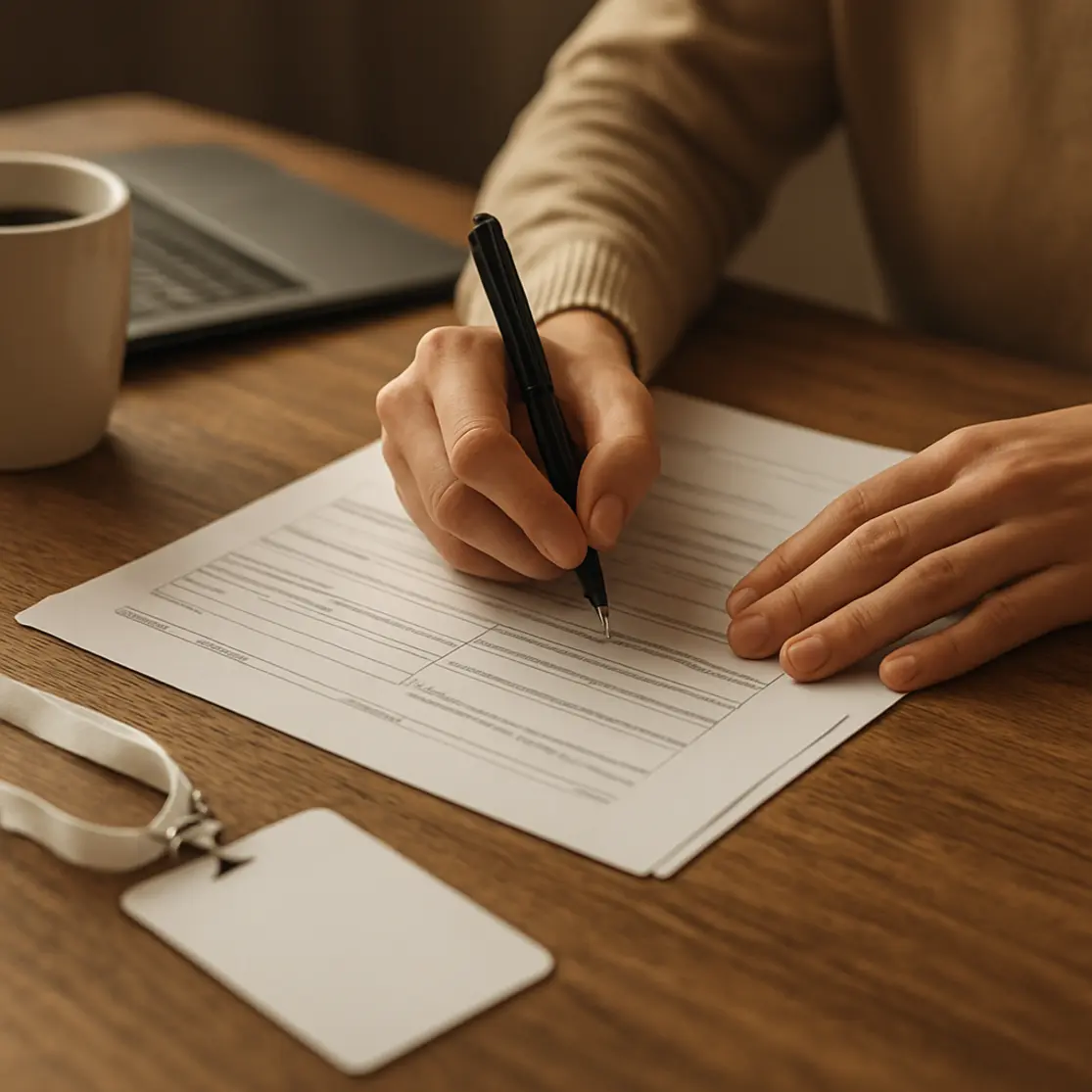 Mãos preenchendo formulários sobre mesa com documentos e caneca de café