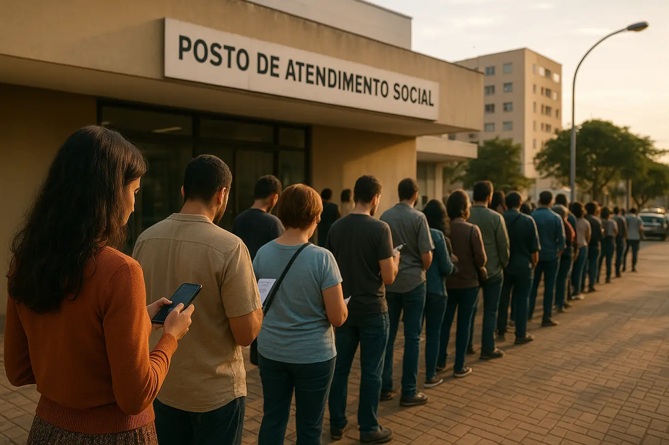 Fila em frente a posto de atendimento social, pessoas vistas de costas e perfil ao entardecer