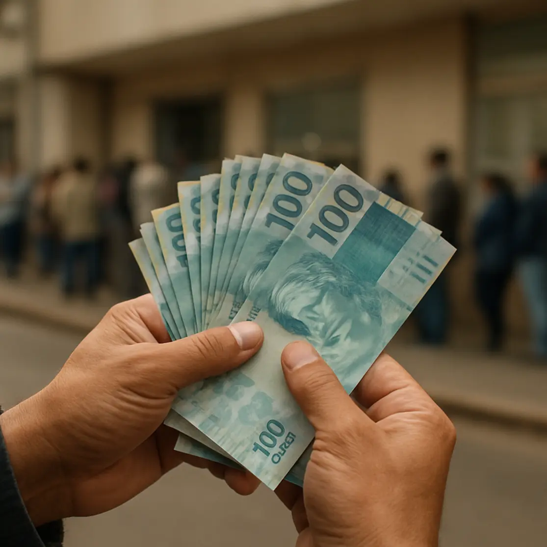 Mãos segurando notas de real em leque com fila desfocada ao fundo